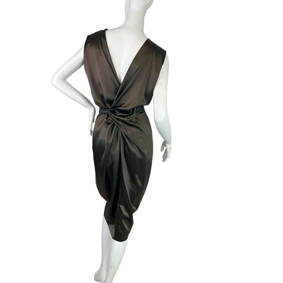Ports 1961 Brown Elegant Silk Sleeveless V-Neck Ruched Sheath Dress, Size 6 - Picture 6 of 14